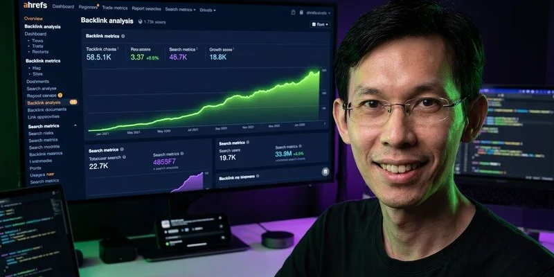 Ahrefs backlink analysis dashboard displaying referring domains, anchor text distribution, and link growth trends