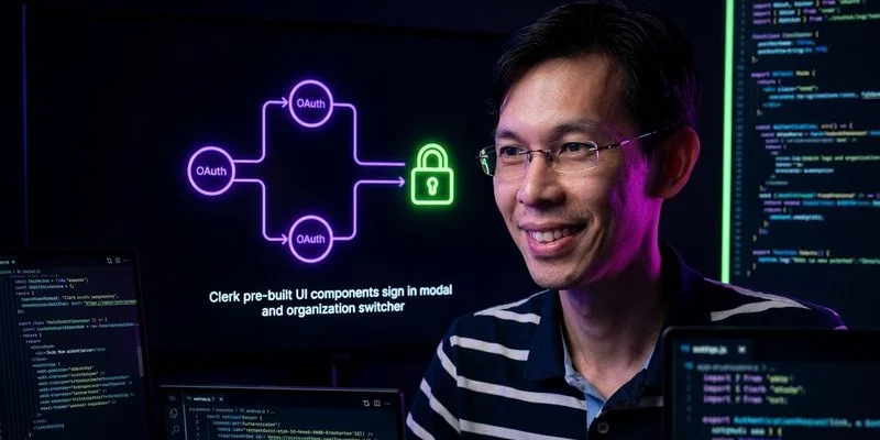 Clerk pre-built UI components showing sign-in modal, user button dropdown, and organization switcher interface