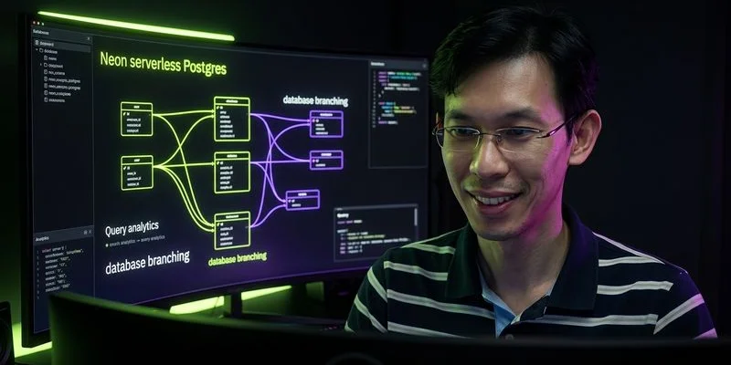 Neon serverless Postgres dashboard showing database branching, query performance analytics, and autoscaling metrics