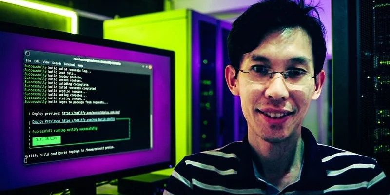 Netlify deployment dashboard with build logs, deploy previews, and site settings panel
