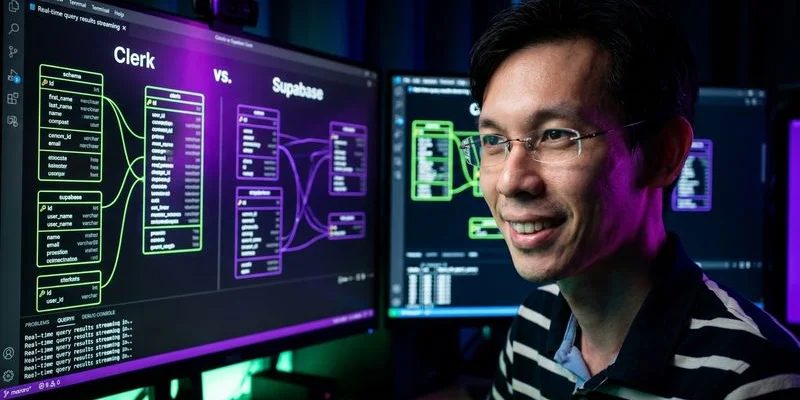 Architecture diagrams comparing a Clerk-based SaaS stack with five services versus a Supabase-based stack with three services