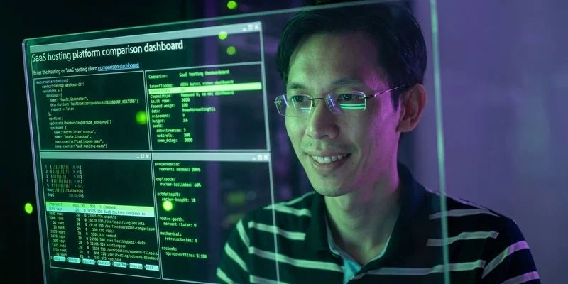 SaaS hosting platform comparison dashboard showing deployment metrics and performance benchmarks