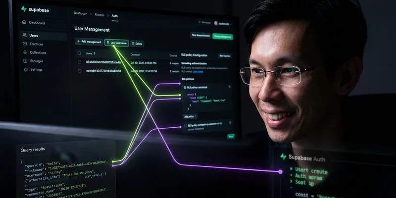 Supabase Auth dashboard displaying user management interface, authentication providers, and Row Level Security policy configuration