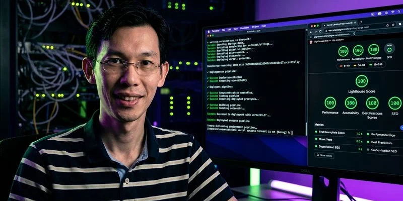 Vercel landing page performance metrics displaying perfect Google Lighthouse scores and global latency map