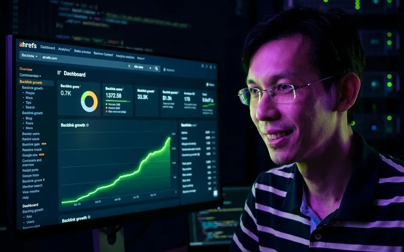 Ahrefs dashboard overview showing Site Explorer with organic traffic and backlink growth chart