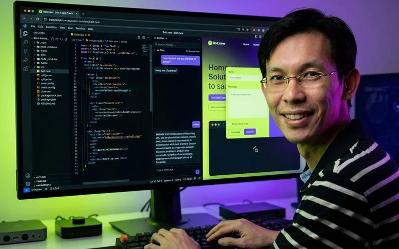 Bolt.new browser IDE interface with chat panel and live preview showing a SaaS project