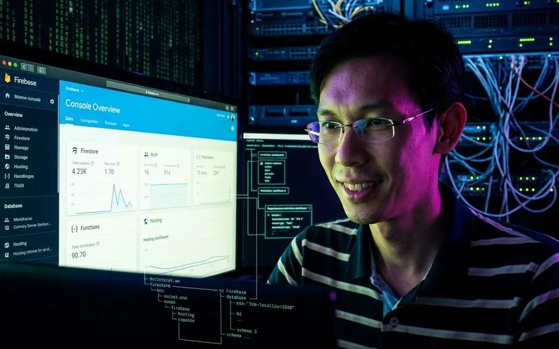 Firebase console overview showing Firestore, Auth, Functions, and Hosting dashboard