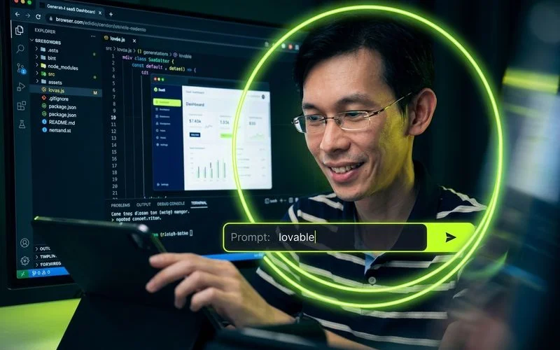 Lovable browser interface generating a SaaS dashboard from a text prompt