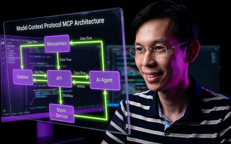 Model Context Protocol MCP architecture showing an AI agent connected to multiple tools and data sources