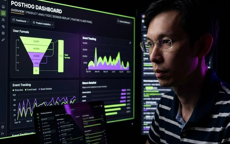 PostHog dashboard overview showing product analytics, session replay, and feature flags panel
