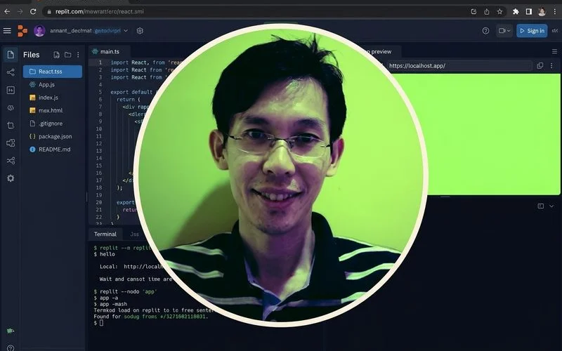 Replit cloud IDE showing full development environment with editor, terminal, and preview