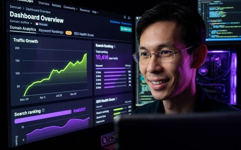 Semrush dashboard overview showing domain analytics, keyword rankings, and SEO health score