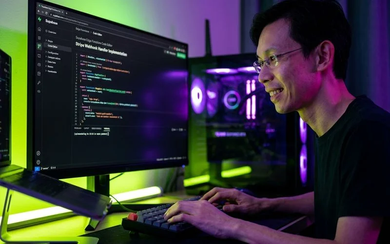 Supabase edge functions code editor showing Stripe webhook handler implementation
