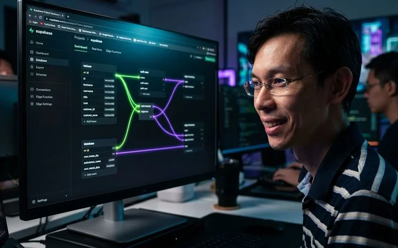 Supabase project dashboard showing database tables, auth users, and edge functions panel