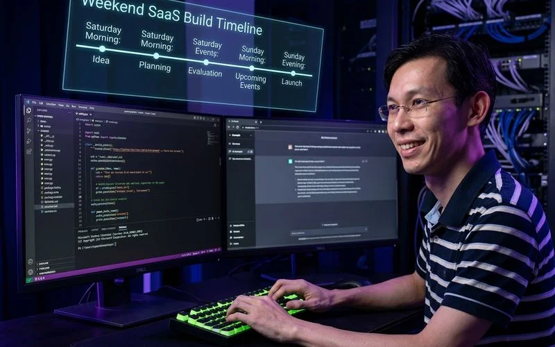 Weekend SaaS build timeline from Saturday morning to Sunday launch