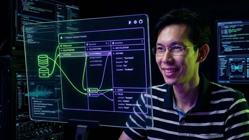 Firebase console showing Firestore collections and documents